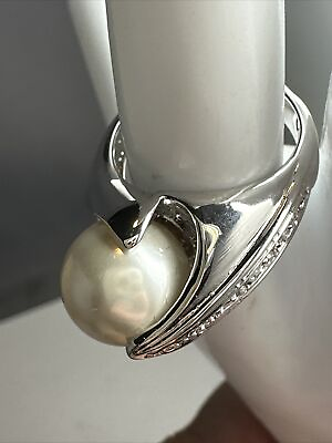 #ad Stylish Silver Toned 18 K Gold Filled Faux Pearl Ring Size 8 $53.10
