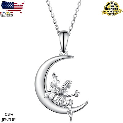 #ad Moon Fairy Necklace 925 Sterling Silver Fairy Moon Necklace for Angel Jewelry $90.00