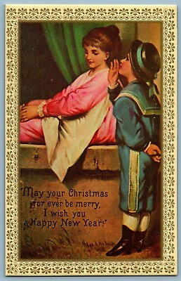#ad Repro Christmas amp; New Year Postcard Little Boy Telling Little Girl A Secret $5.95
