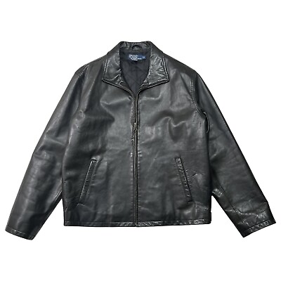 #ad Vintage Polo Ralph Lauren Black Premium Leather Harrington Jacket Sz M Full Zip $229.95