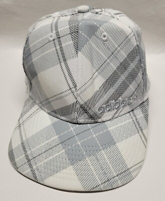 #ad Adidas White Grey Plaid Hat Unisex S M Fitted Stretch Baseball Cap Cleaned $12.00