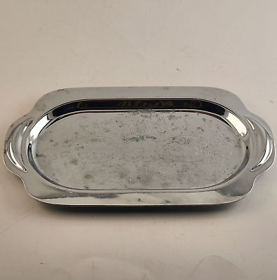 #ad Silver Platted And Engraved Serving Tray With Handles Vintage 10quot; L x 6quot; W $19.95