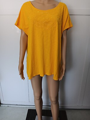 #ad Coldwater Creek 2X Tee Top Shirt Yellow Beaded Cap Sleeve Cotton Round Neck $18.95