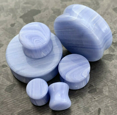 #ad PAIR Blue Lace Agate Stone Double Flare Plugs Earlets Gauges $27.95