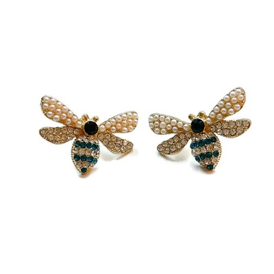 #ad Women’s BUG Bee Insect Gold Blue Rhinestone Pearl Statement Earrings Kitsch Cute $14.99