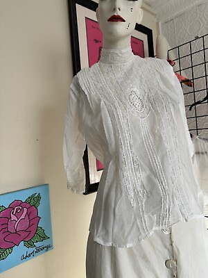 #ad Antique White Blouse Victorian Edwardian Lace Cotton Lawn Spring Shirt XS Small $145.00