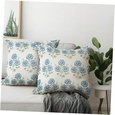 #ad Blue Flower 18x18 Set of 2 Spring Summer 18x18inch Block Print Pillow Covers $25.44